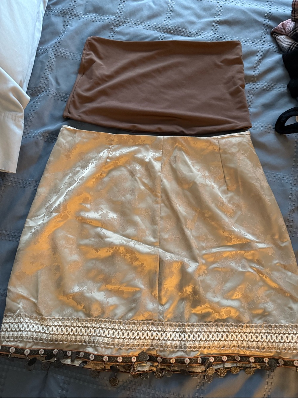 Beige Jacquard A-Line Skirt with Brown Waistband